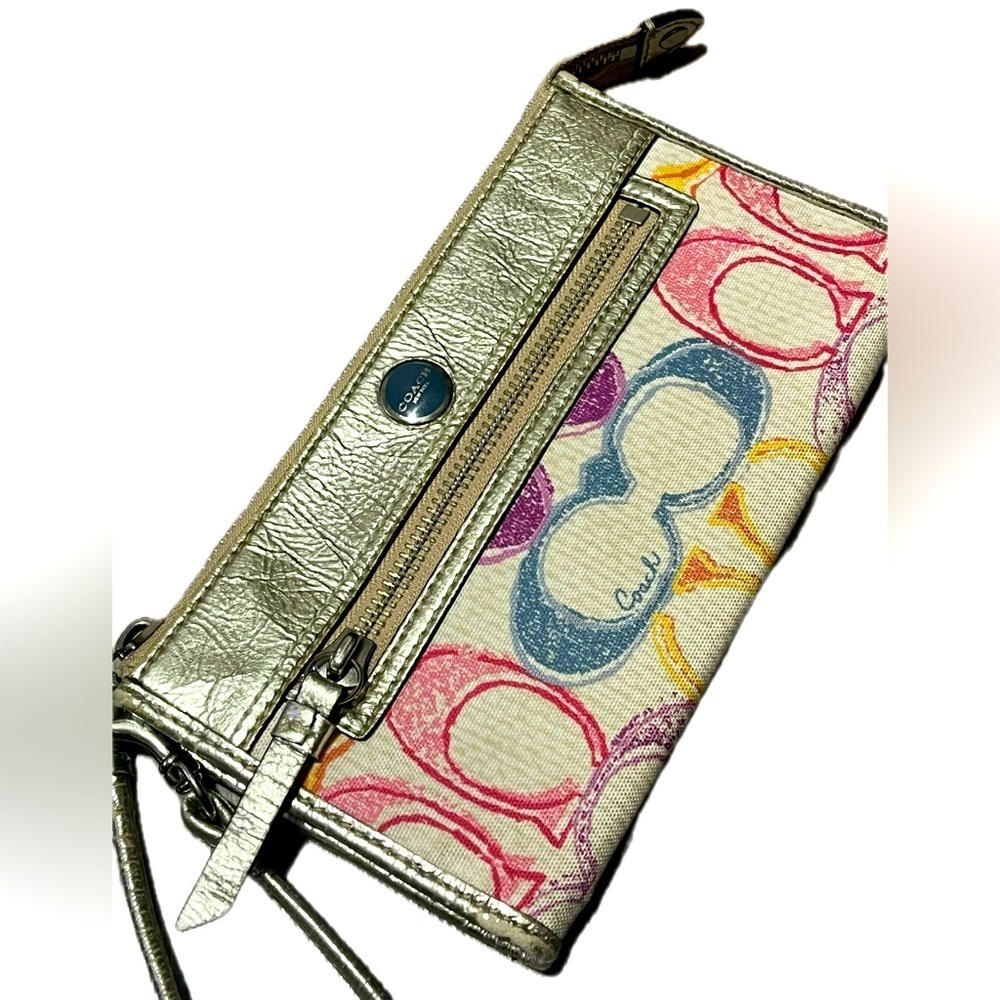 Coach Poppy Dream Graffiti Fabric Metallic Gold Leather Wristlet Wallet - RARE! - Picture 11 of 11